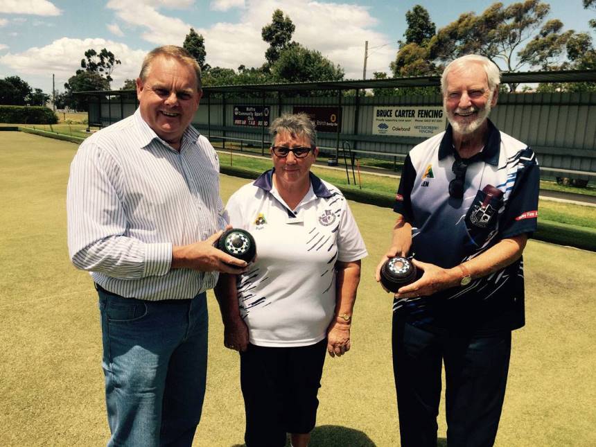 Member for Gippsland East, Tim Bull, is pictured with Pam Riley and Len Hall of the Heyfield Bowls Club which received a $2,990 VicHealth grant to help purchase much needed equipment.