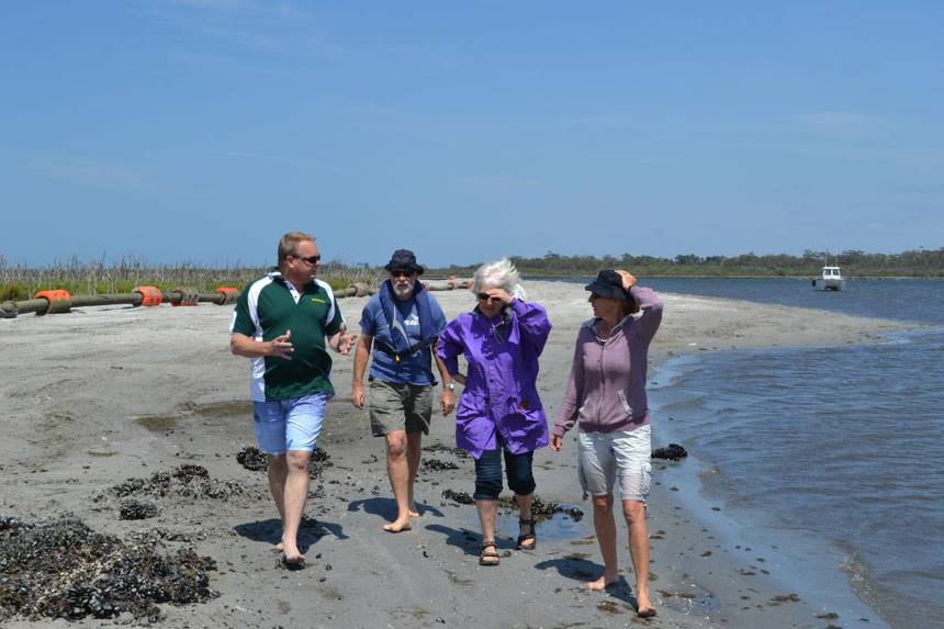 State Member for Gippsland East, Tim Bull, visited Pelican Island recently with members of the Nungurner Landcare Group - Peter Bury, Louise Avery and Heather and Geoff Oke to discuss a renourishment project underway for the Island that was funded under the previous government.